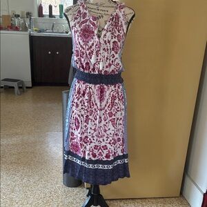 Lucky Brand White Midi Dress with Burgundy Floral Print & Navy Trim